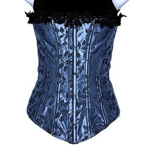 Empire Intimates Satin Blue Floral Lace Up Corset Bustier Sz 32